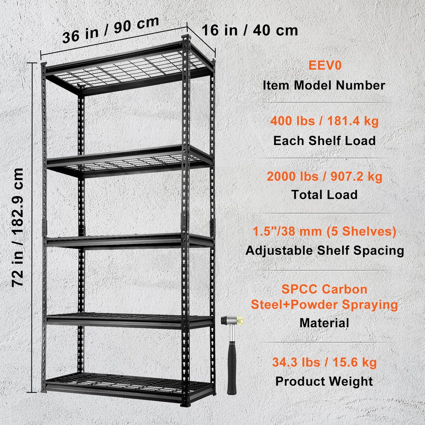 VEVOR Storage Shelving Unit, 5-Tier Adjustable Storage Shelves, 36" L x 16" W x 72" H Heavy Duty Garage Storage Shelves, Metal Shelves for Kitchen Pantry Basement Bathroom Laundry