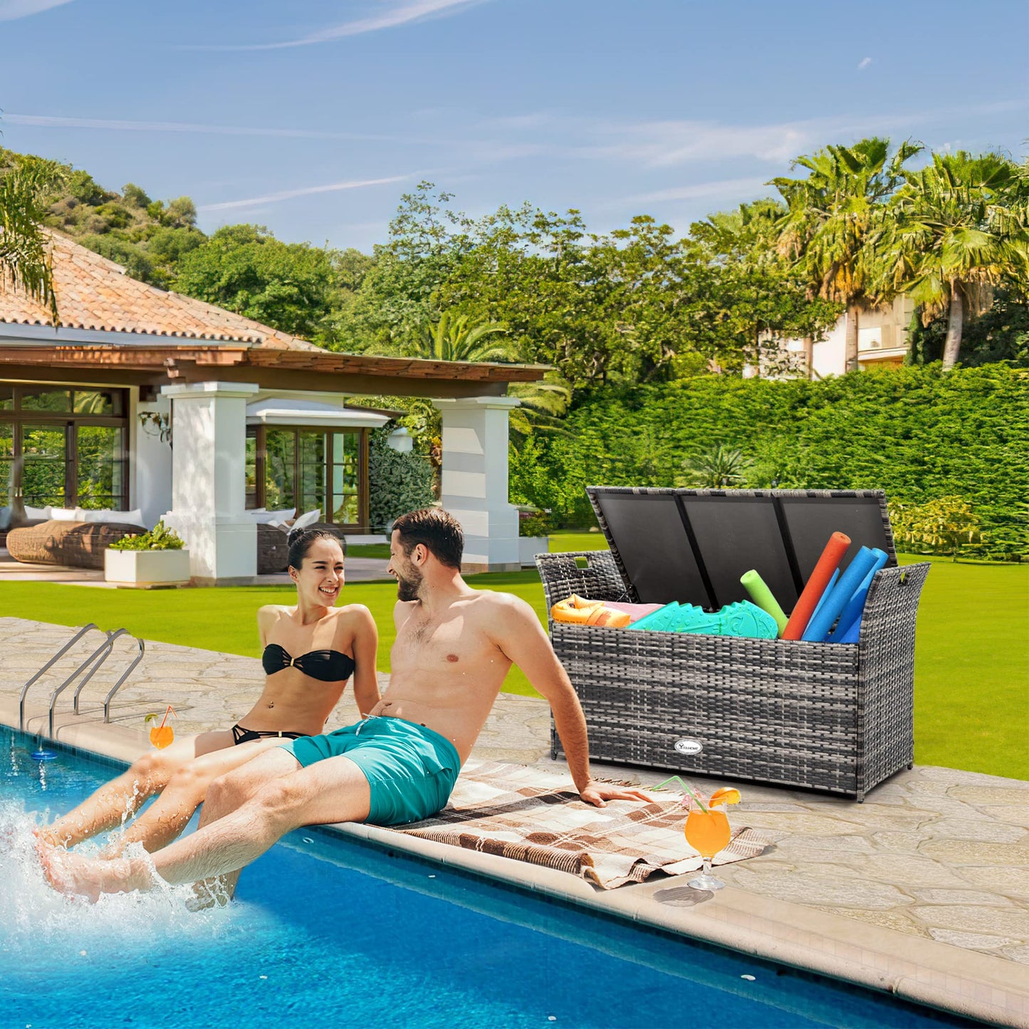 YITAHOME 90 Gallon Outdoor Wicker Storage Bench w/Cushion, Large PE Rattan Deck Storage Box w/Handles & Hydraulics for Patio Furniture, Cushions, Garden Tools, Pool & Sports Equipment, Gray
