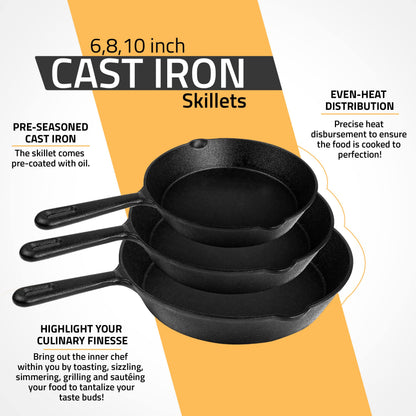 Utopia Kitchen 3-Piece Cast Iron Skillet Set