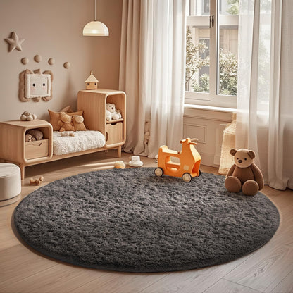Ophanie Fluffy Grey Round Area Rug 4Ft