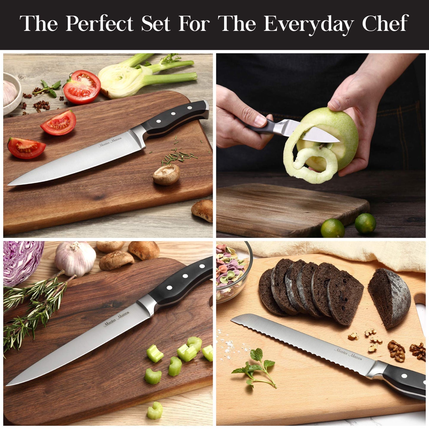 Master Maison 7-Piece Premium Black Kitchen Knife Set with Knife Block & Dual Knife Sharpener German Stainless Steel Knives | Professional Butcher Block Knife Set For Kitchen | Chef Knife Sets