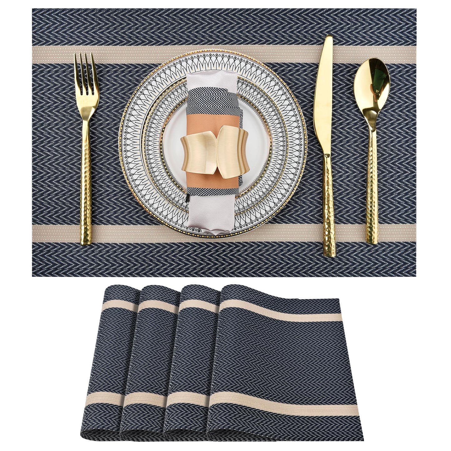 SLKQG Blue Placemats Set of 4 - Easy Clean Modern Durable Washable Vinyl Place Mats - Heat Resistant Placemats for Kitchen Table - PVC Table Mats for Dining Table (Blue with Stripes, 4)