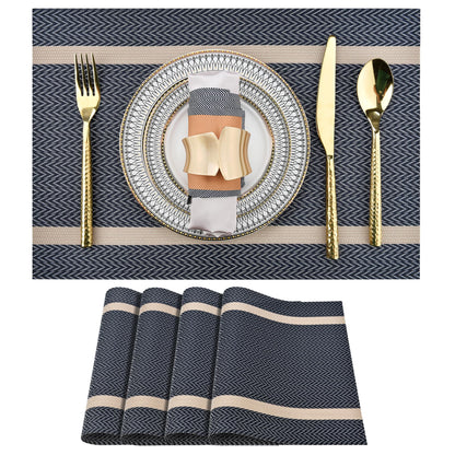 SLKQG Blue Placemats Set of 4 - Easy Clean Modern Durable Washable Vinyl Place Mats - Heat Resistant Placemats for Kitchen Table - PVC Table Mats for Dining Table (Blue with Stripes, 4)