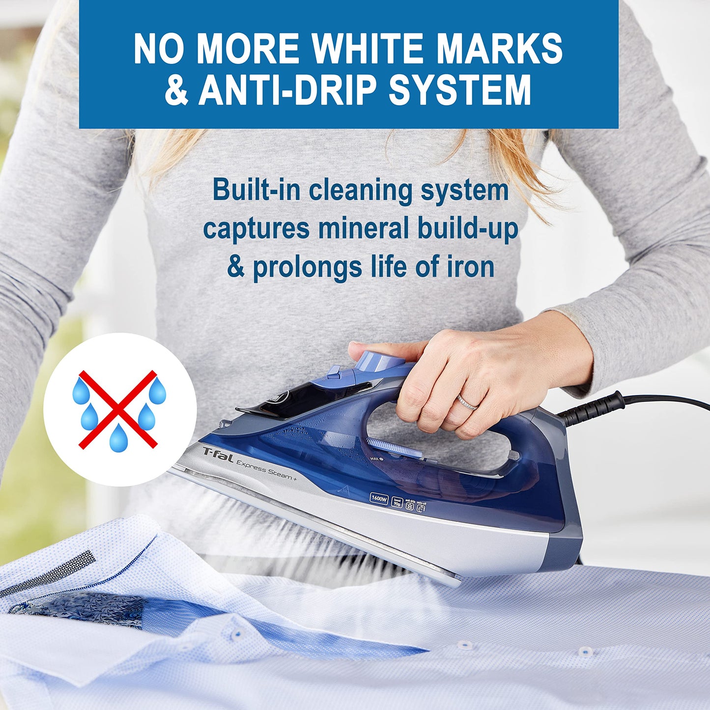T-fal, Iron, Express Steam Iron for Clothes, Durilium Soleplate, Precision Tip, 30 Second Auto Shut Off, 1600 Watts, Anti-Drip, Ironing, Blue Clothes Iron, FV2886U0