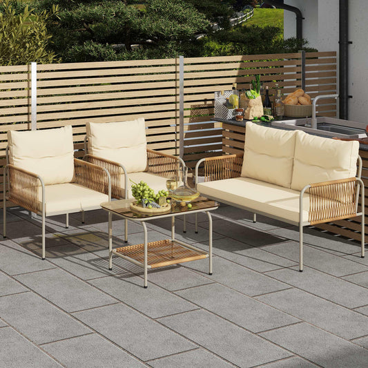 DWVO 4 Pieces Patio Furniture Set, Wicker Outdoor Conversation Set, All-Weather Rattan Bistro Set with Loveseat Set, Glass Side Table and Cushions for Backyard, Balcony, Deck - Beige