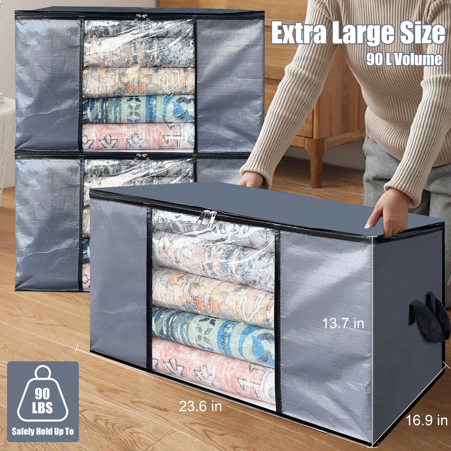 Cosy Family 90L Durable Storage Clothing Bags - Storage Containers Clothes Organizer with Reinforced Handle Sturdy Woven Fabric for Blankets, Bedding, Collapsible with Zipper, 12 Pack, Grey