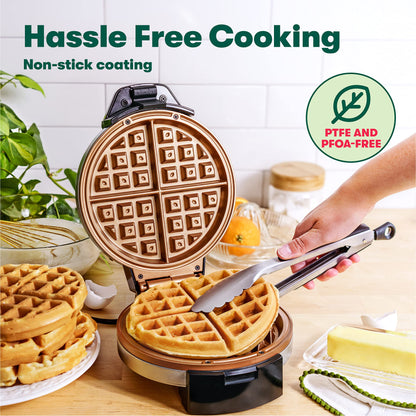 BELLA Classic Belgian Waffle Maker, 7" Round, Non Stick, Waffle Iron Makes 1” Thick Waffles, Variable browning control knob, Stay-cool handle with locking latch, Stainless Steel