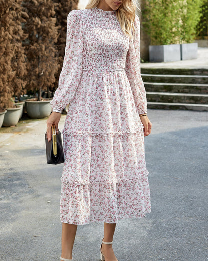 NOLLSOM Women 2025 Fall Dress Floral Casual Long Sleeve Crew Neck Ruffle A-Line Flowy Floral Boho Wedding Guest Maxi Dresses(White Pink Flower,XX-Large)