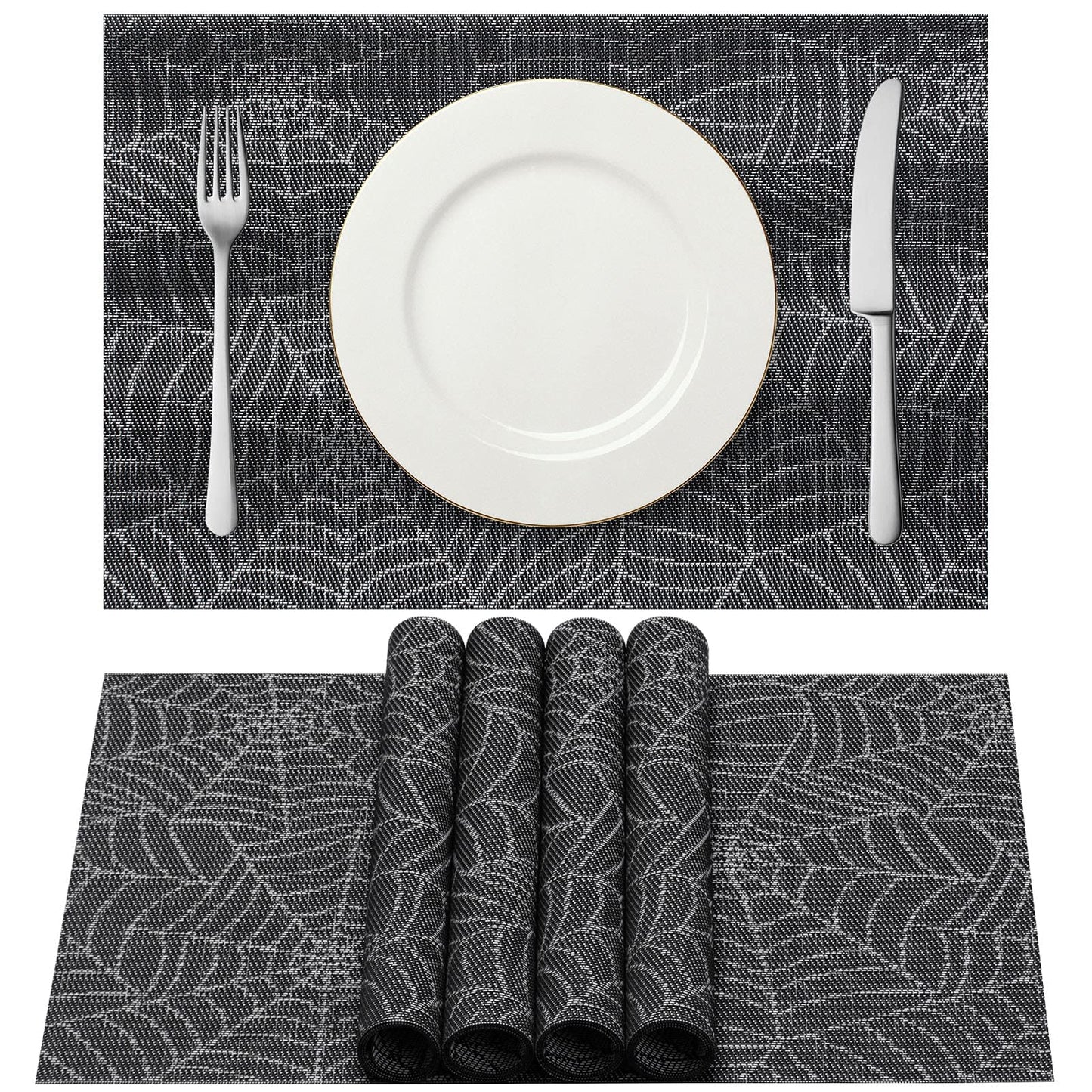 AHHFSMEI Placemats Set of 6 for Dining Table Washable Woven Vinyl Non-Slip Placemat Heat-Resistant Durable Table Mats for Dining Table Easy to Clean (Grey Cobweb)