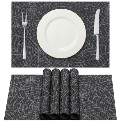 AHHFSMEI Placemats Set of 6 for Dining Table Washable Woven Vinyl Non-Slip Placemat Heat-Resistant Durable Table Mats for Dining Table Easy to Clean (Grey Cobweb)