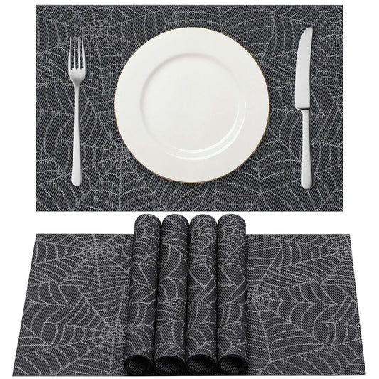 AHHFSMEI Placemats Set of 6 for Dining Table Washable Woven Vinyl Non-Slip Placemat Heat-Resistant Durable Table Mats for Dining Table Easy to Clean (Grey Cobweb)