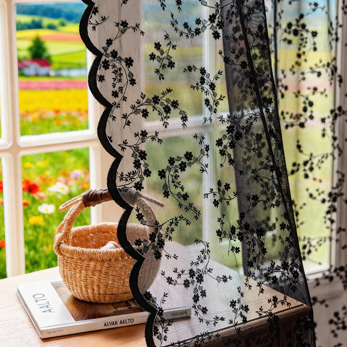2 Panel Vintage Floral Lace Sheer Curtains 96-Inch