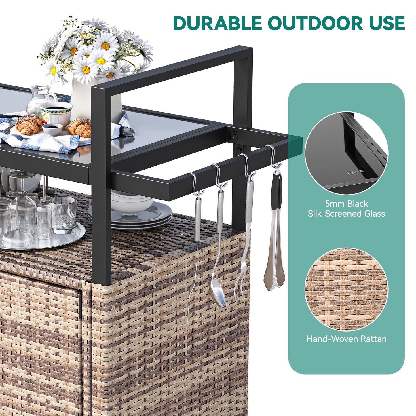 YITAHOME Outdoor Kitchen Rolling Cart with Glass Top