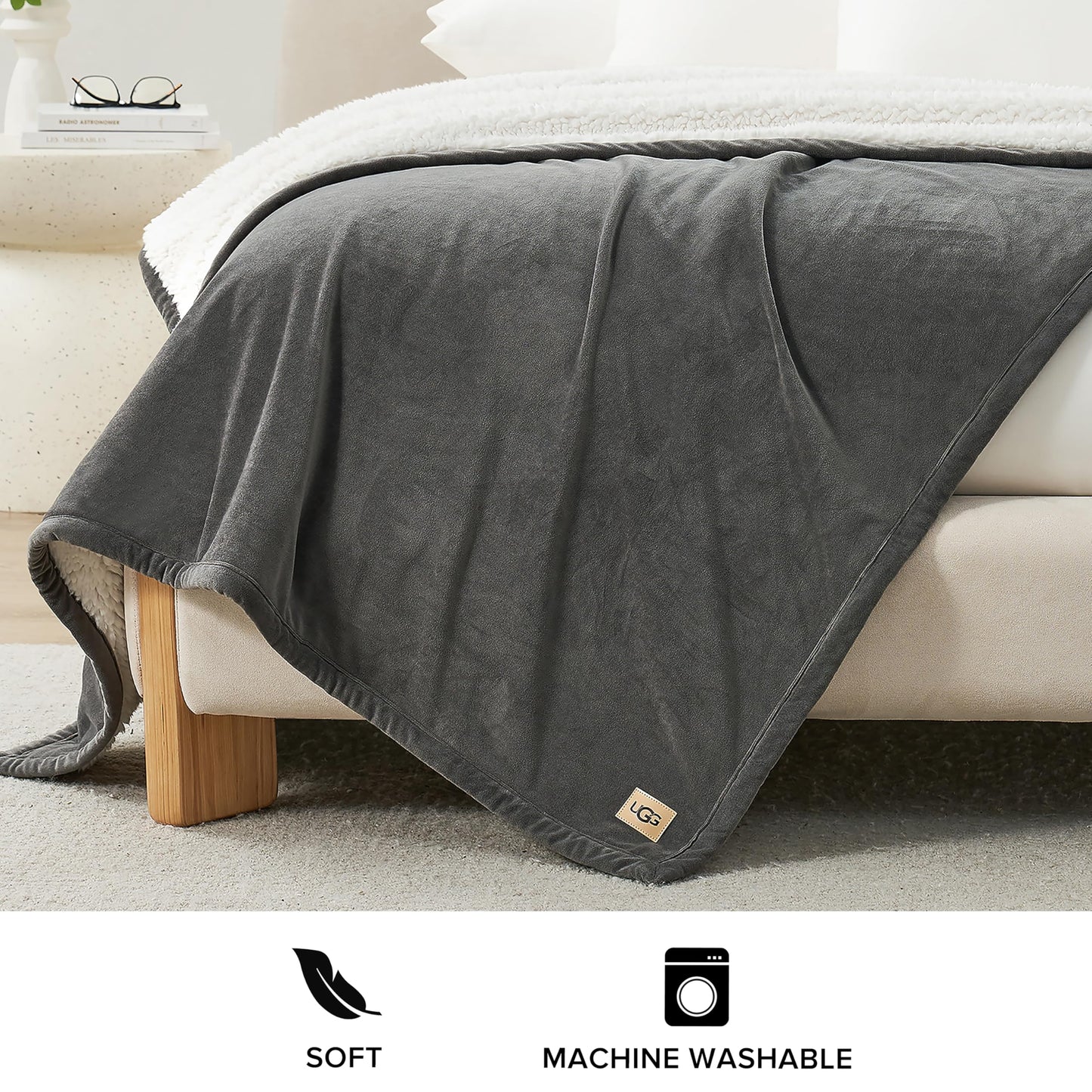 UGG 23858 Bliss Luxurious Oversized All Season Soft Plush Hypoallergenic Flannel Fleece Blanket Double Sided Machine Washable Decorative Accent Throw for Comfort and Warmth, 70 x 50-Inch, Charcoal