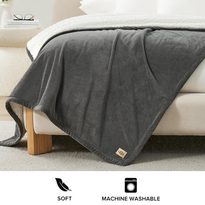 UGG 23858 Bliss Luxurious Oversized All Season Soft Plush Hypoallergenic Flannel Fleece Blanket Double Sided Machine Washable Decorative Accent Throw for Comfort and Warmth, 70 x 50-Inch, Charcoal