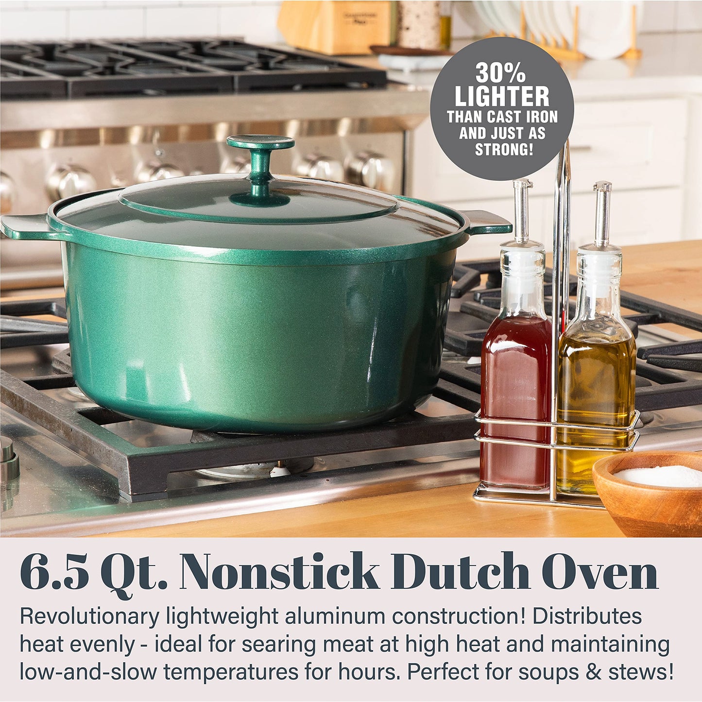 Granitestone Dutch Oven, 6.5 Quart Ultra Nonstick Enameled Lightweight Aluminum Dutch Oven Pot with Lid, Round 6.5 Qt. Stock Pot, Dishwasher & Oven Safe Induction Capable 100% PFOA Free, Emerald Green