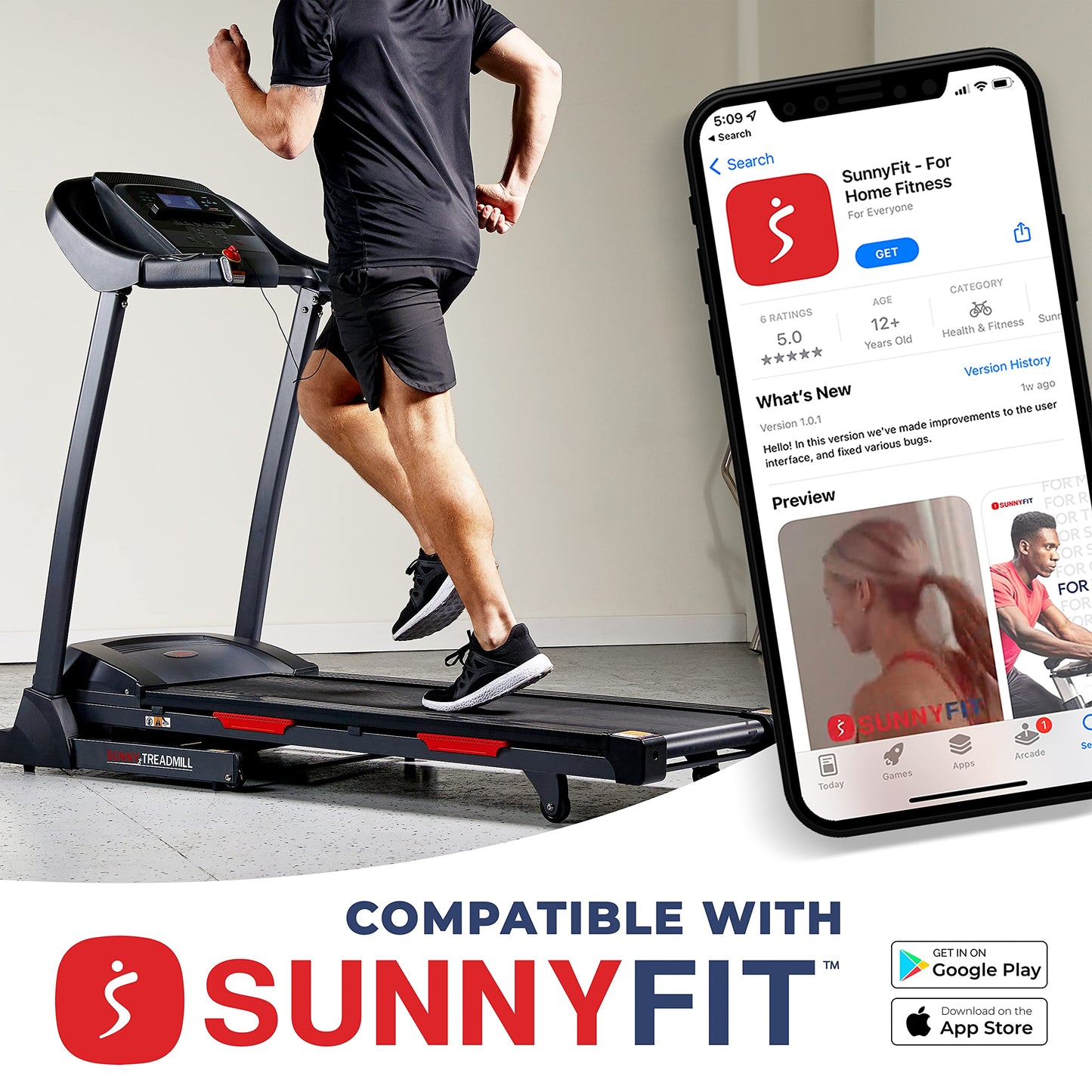 Sunny Health Folding Incline Treadmill with Bluetooth