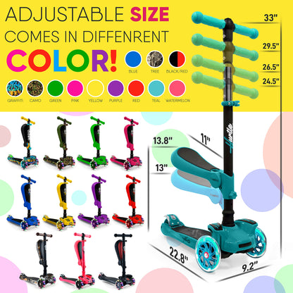 Hurtle Kids Scooter - Child Toddler Kick Scooter Toy with Foldable Seat - 3 Wheel Scooter with Adjustable Height, Anti-Slip Deck, Flashing Wheel Lights, for Boys/Girls 1-12 Year Old, Teal
