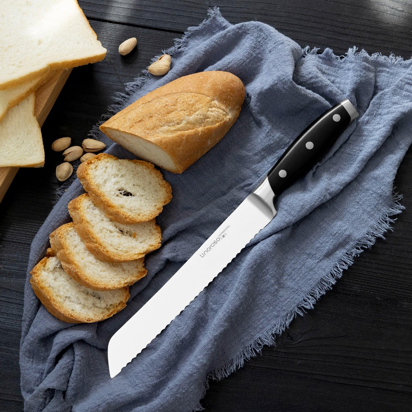 linoroso Serrated Bread Knife for Homemade Bread with Elegant Gift Box, Full Tang Ultra Sharp Forged German Carbon Stainless Steel Bread Knife 8 inch for Slicing Bread, Bagels, Cake - Classic Series