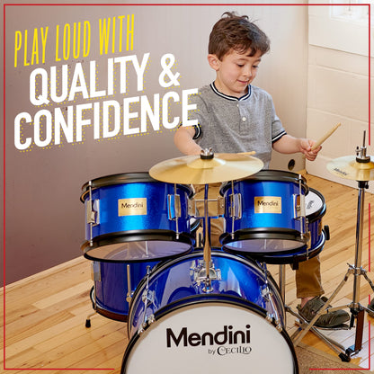 Mendini by Cecilio Kids Drum Set 5 Piece - Full 16in Youth Drumset with Bass, Toms, Snare Drum, Cymbal, Hi-Hat, Drumsticks & Seat for 5 to 12 Year Old and Beginner Adult Set - Blue