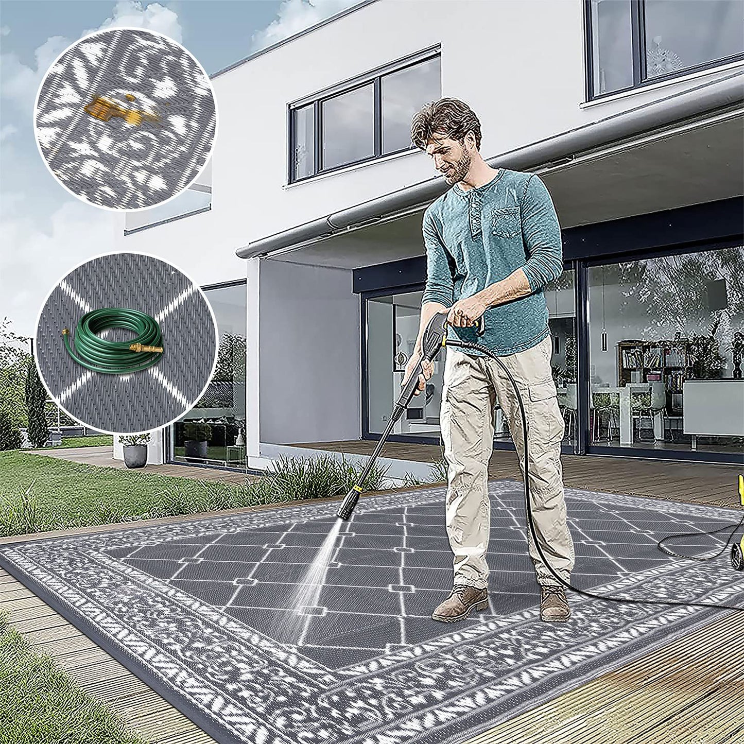 HiiARug Reversible Mat Plastic Outdoor Rugs for Patios Clearance Waterproof Plastic Straw Rug Large Area Rug for Outdoor, Porch, Patio, RV,Camping(5x7Ft, Grey)