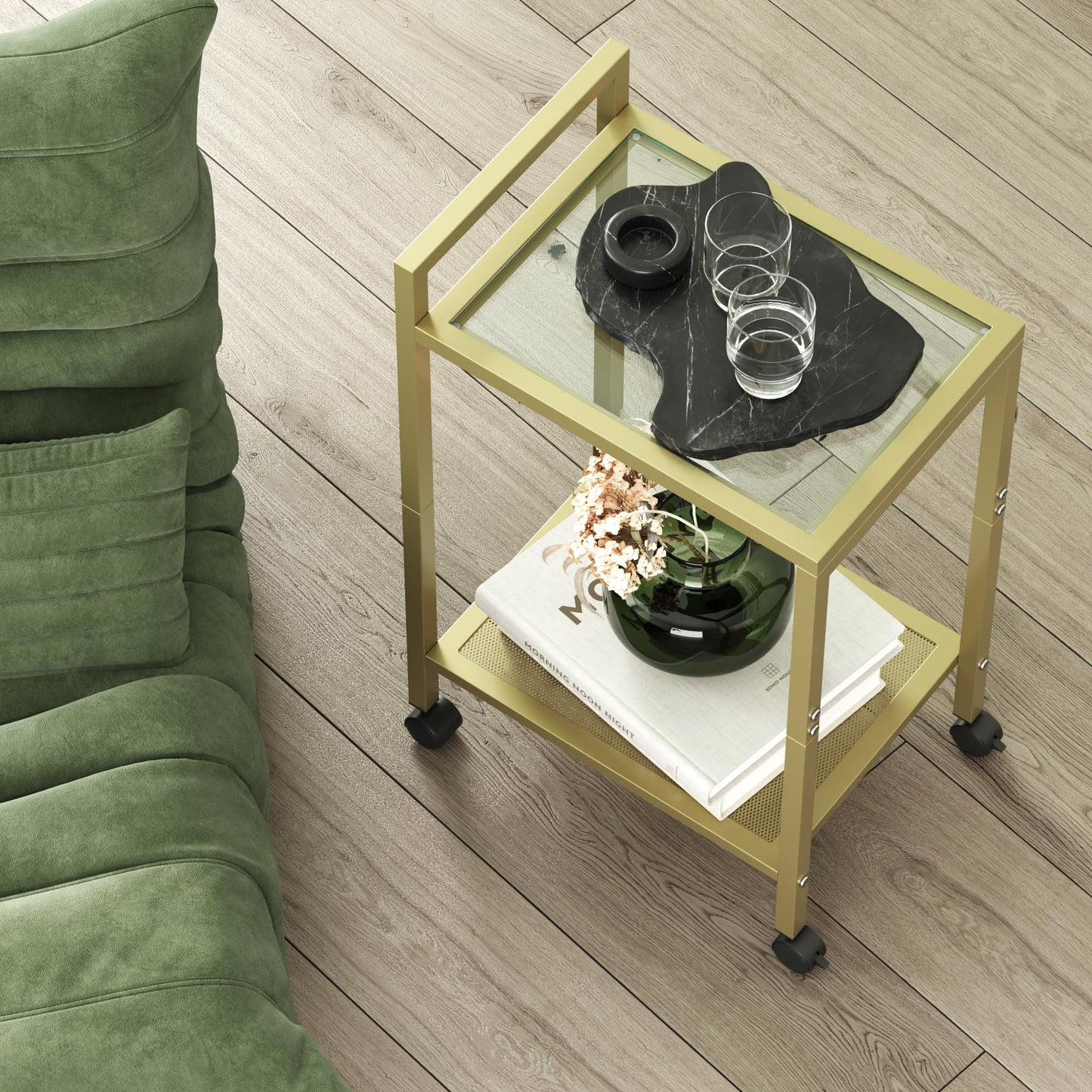 Waissdea 2-Tier Side Table，Mobile Side Table, End Tables with Tempered Glass, Narrow Side Table with Storage Shelves, for Living Room Bedroom Home Decor (Gold)