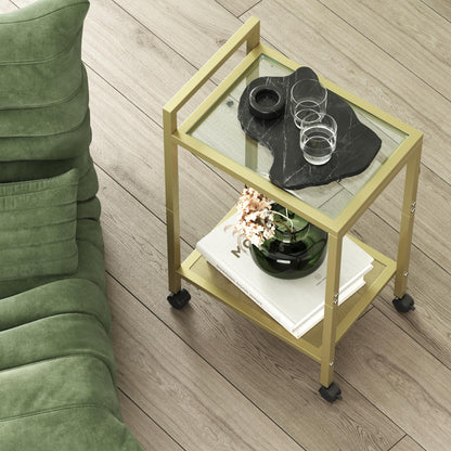 Waissdea 2-Tier Side Table，Mobile Side Table, End Tables with Tempered Glass, Narrow Side Table with Storage Shelves, for Living Room Bedroom Home Decor (Gold)