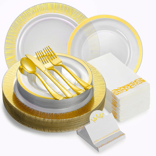 Gold Plastic Plates and Napkins for 25 Guests