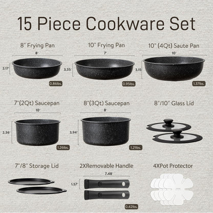CAROTE Nonstick 15-Piece Cookware Set with Handles