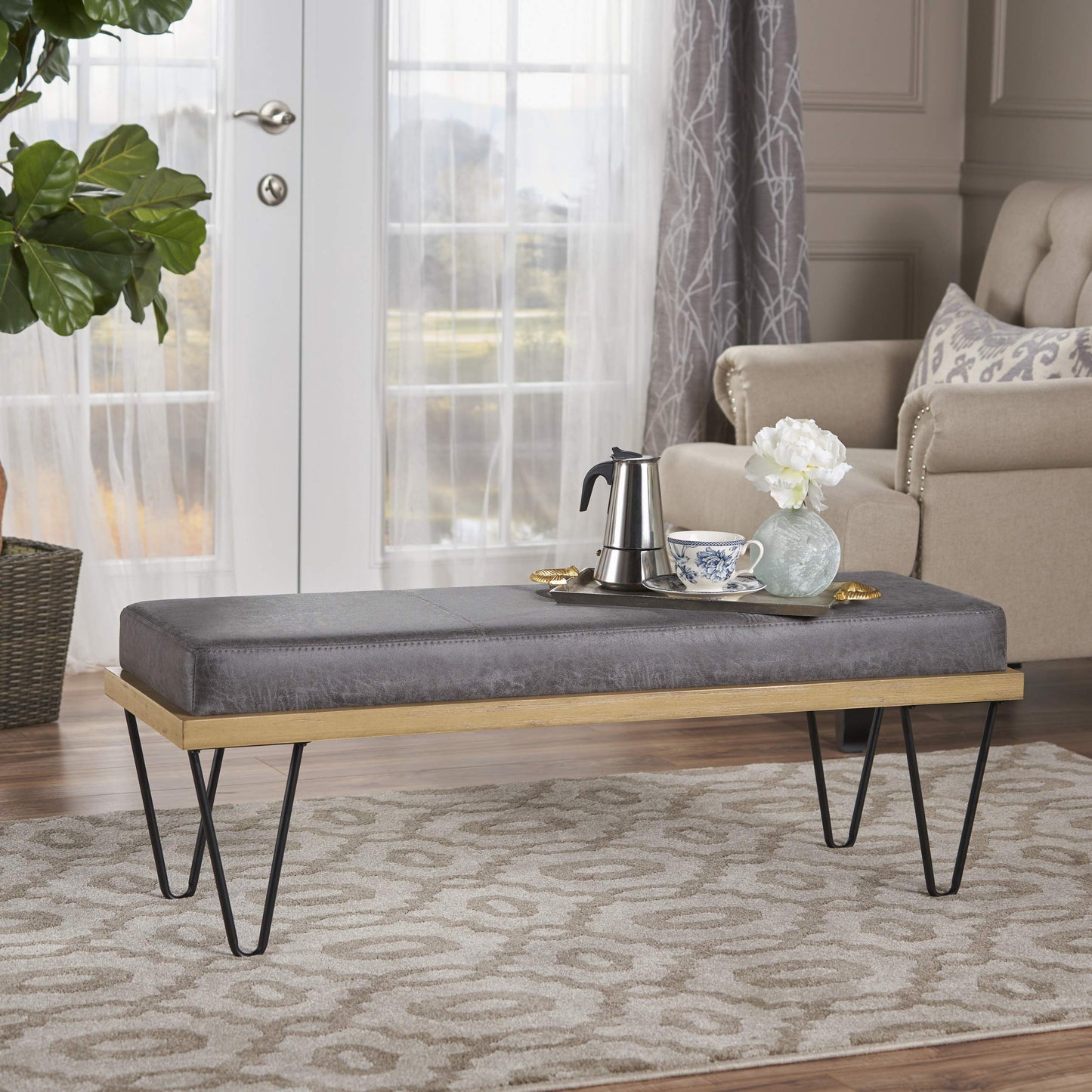 Christopher Knight Home Elisha Industrial Modern Microfiber Bench, Slate / Matte Black