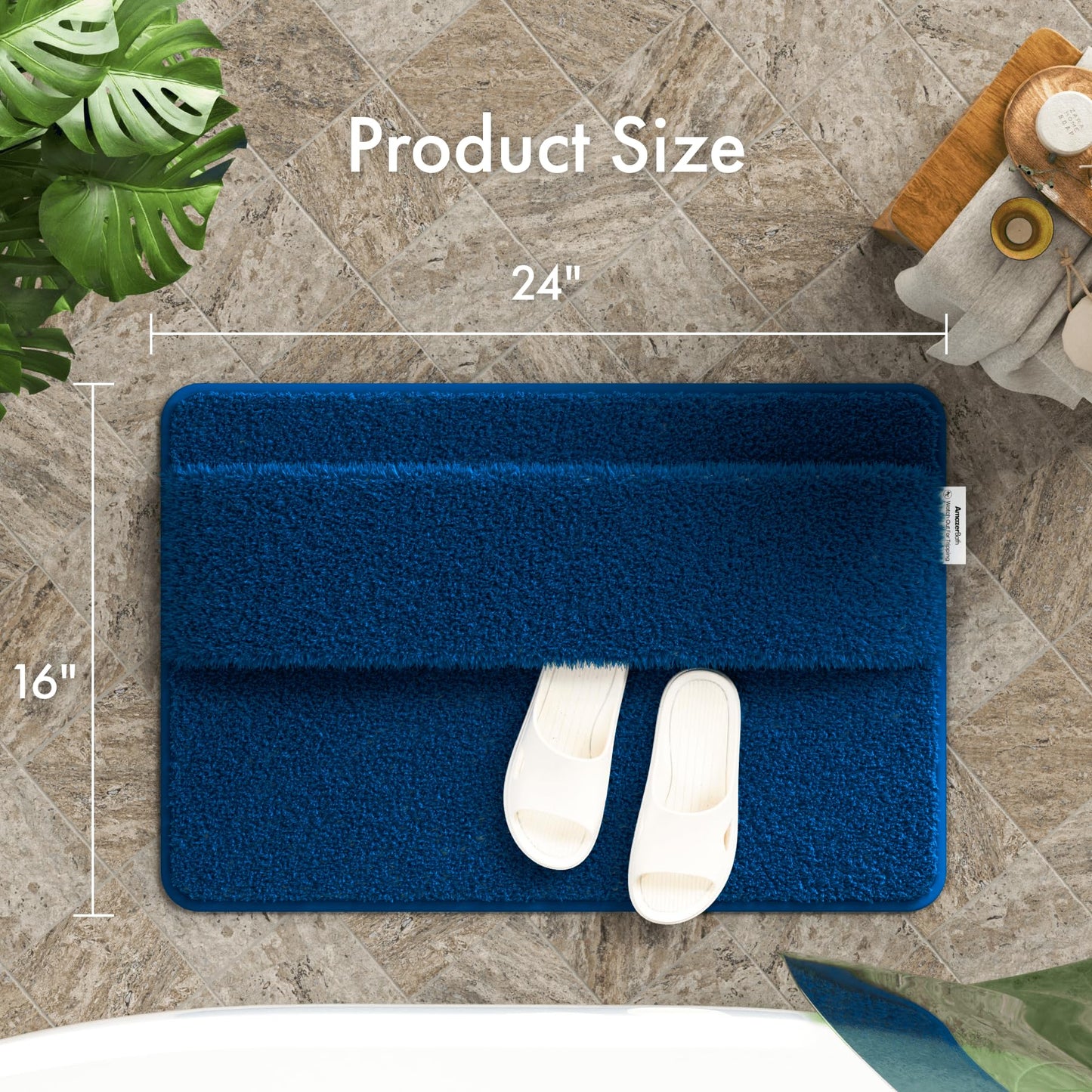 AmazerBath Bathroom Rugs, Original 2-in-1 Wipe & Quick Dry Shower Rug, Soft Absorbent Bath Rugs 24"x16", Non Slip Bath Mat 2 Tier Bottom, Washable Bath Mats for Bathroom Floor, Navy Blue Bath Mat