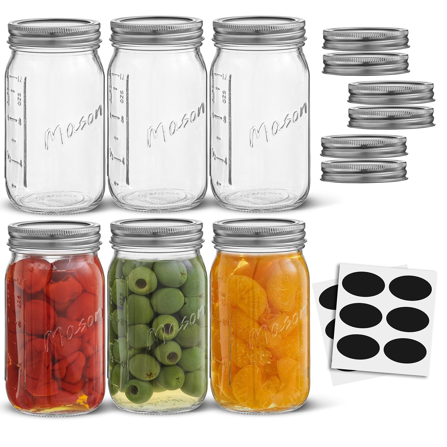16 Oz Mason Jars 6-Pack with Lids & Labels