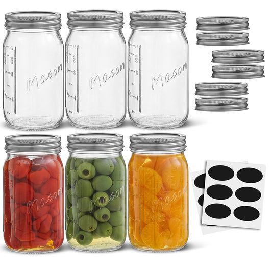 16 Oz Mason Jars 6-Pack with Lids & Labels