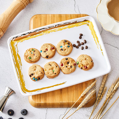N9R 6 Pack White Plastic Serving Trays with Gold Rim- 11“ x 8“ Rectangle Serving Platters - Tray Decor, Food Tray, Serving Trays for Party