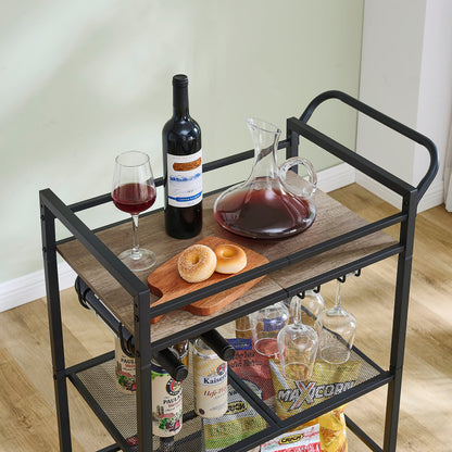 Tajsoon 3-Tier Bar Cart, Mobile Bar Serving Cart, Industrial Style Wine Cart for Kitchen, Beverage Cart with Wine Rack and Glass Holder, Rolling Drink Trolley for Living Room, Grey & Black