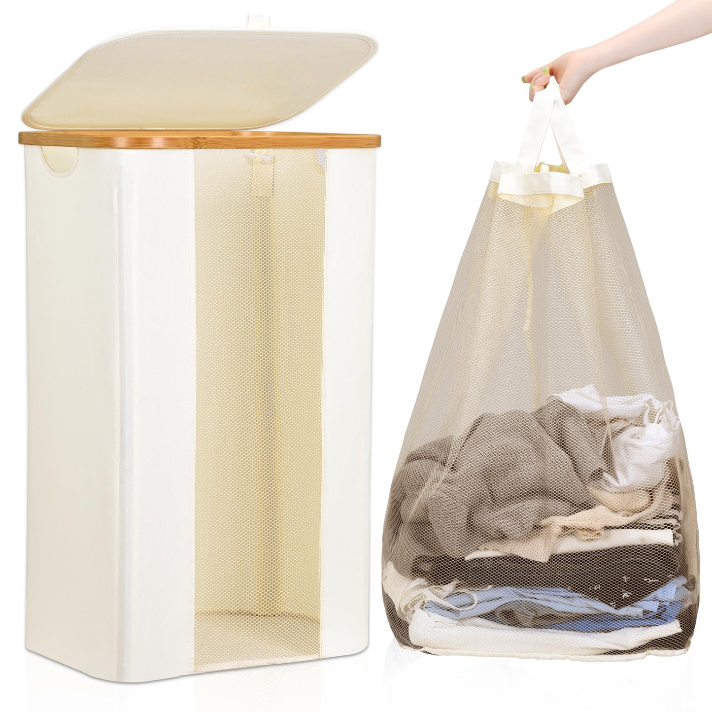 ELONG HOME Laundry Basket 100L Beige Collapsible Laundry Baskets with Removable Liner and Bamboo Handle