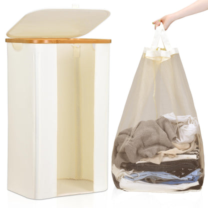 ELONG HOME Laundry Basket 100L Beige Collapsible Laundry Baskets with Removable Liner and Bamboo Handle