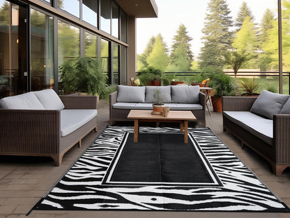 WondRg Outdoor Waterproof Patio Rug 5x8 Plastic Straw Reversible Lightweight Outdoor Area Carpet for Camping RV Picnic Backyard Deck Balcony Porch Beach Black and White Zebra
