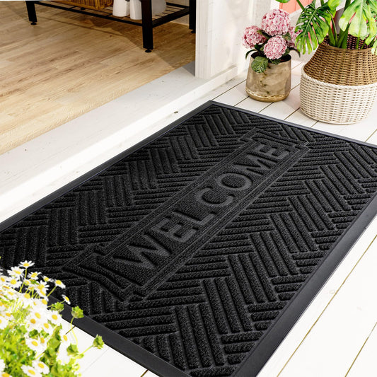 Mibao Door Mat Indoor Outdoor, Waterproof All-Season, All-Weather Doormat, Extra Durable Welcome Mat for Home Enrtance, Super Absorbent Door Mat for Entryway Outside Patio Porch, 29.5" x 17", Black