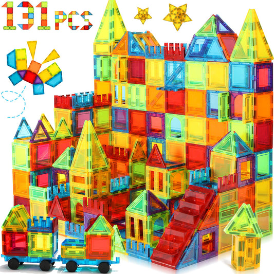 W WISE BLOCK Magnetic Tiles for Kids Ages 3-5 4-8, 131PCS Magnetic Blocks with 2 Cars, Learning Magnetic Building Blocks Sets, Educational Magnets Tiles Toys for Boys Kids Ages 3 4 5 6 7 8 9