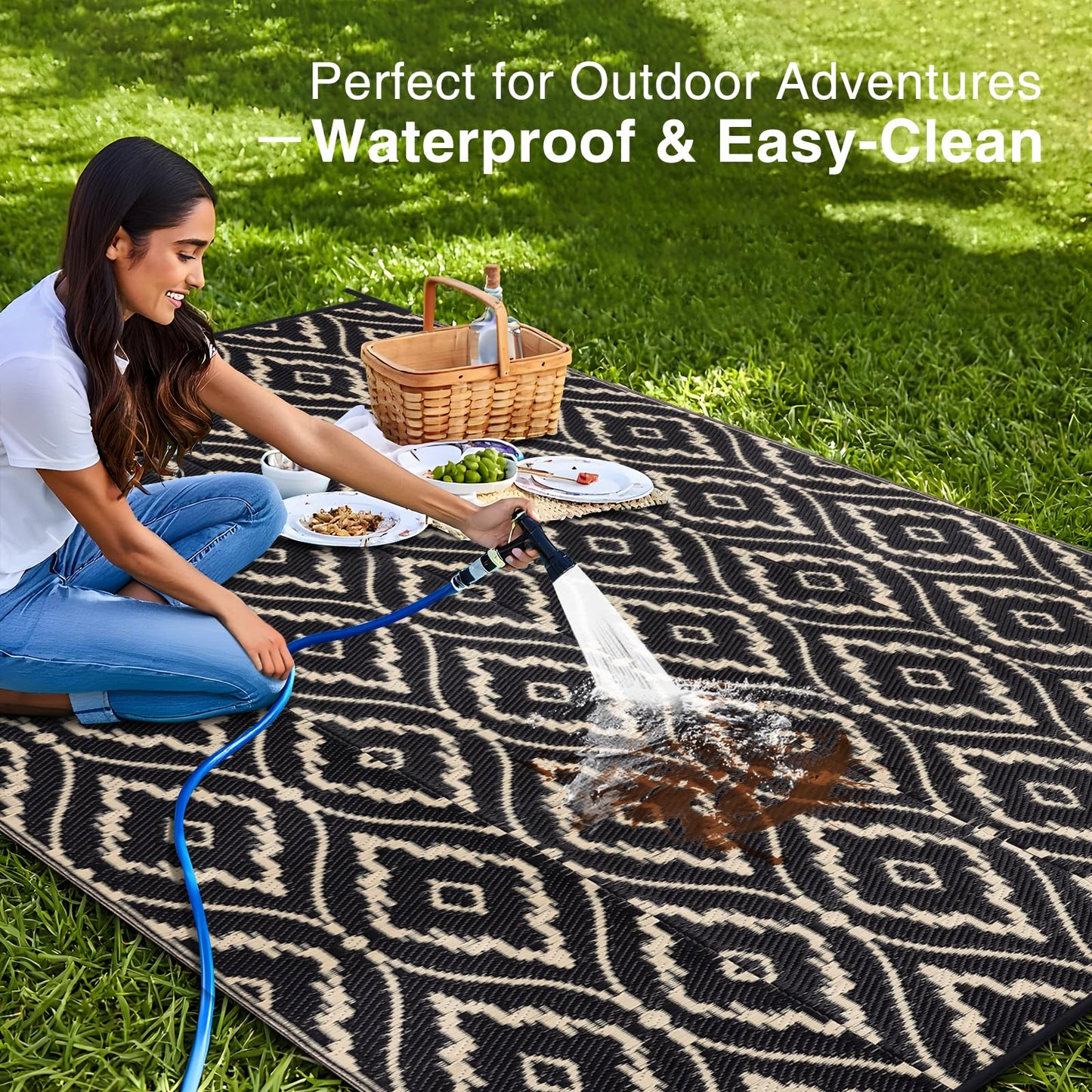OLANLY Outdoor Rug 6x9 ft Waterproof, Outdoor Plastic Straw Rug with Geometric Pattern Clearance, Reversible RV Mat for Patio, Camping, Balcony, Deck, Backyard, Black & Beige