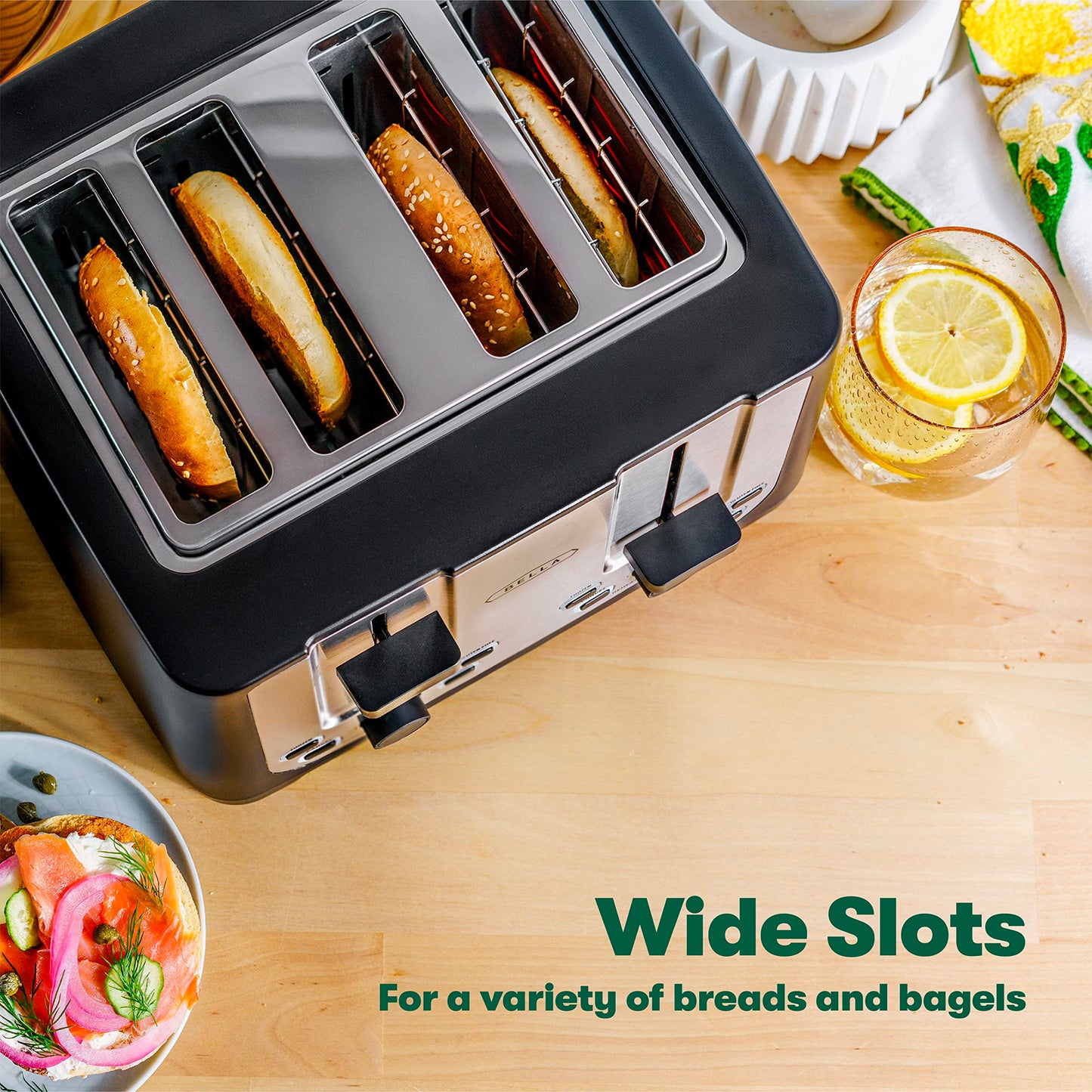 BELLA 4 Slice Toaster with Auto Shut Off - Extra Wide Slots & Removable Crumb Tray and Cancel, Defrost & Reheat Function - Toast Bread & Bagel, Black