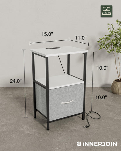 Innerjoin Side Table with Storage, LED Night Stand with A&C Charging Station, End Tables Living Room, Nightstand for Bedroom with Fabric Drawer, White/Gray