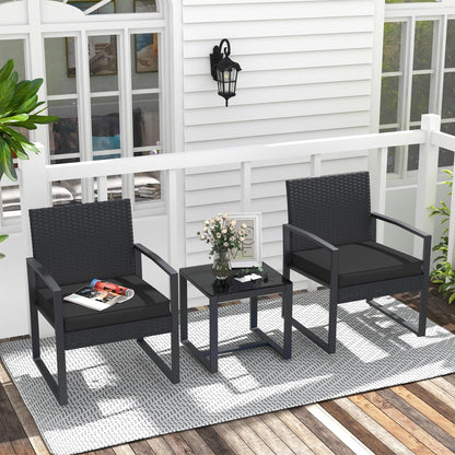 JOIVI 3 Pieces Patio Bistro Set, PE Wicker Outdoor Patio Furniture Set, Modern Rattan Patio Chairs with Coffee Table, Patio Conversation Sets for Balcony, Front Porch, Garden, Poolside, Black Cushions