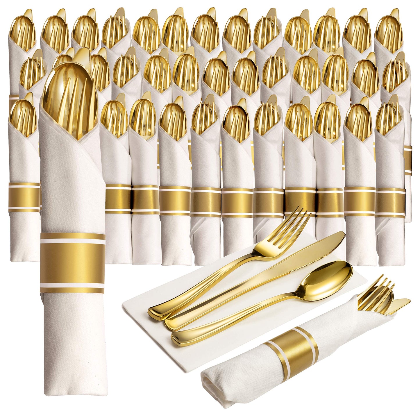 Prestee 50 Pre Rolled Gold Plastic Silverware Sets for Parties, 200pc Set, 50 Guests - Wrapped Disposable Silverware Set w/Forks, Knives, Spoons, White Napkins -Decorative Flatware for Party, Wedding