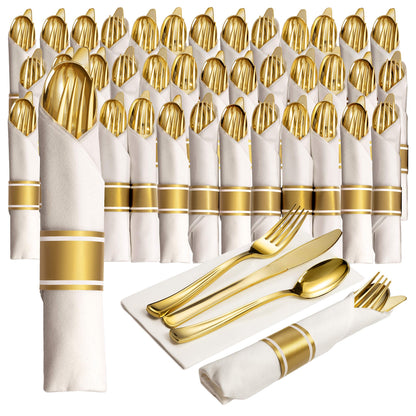 Prestee 50 Pre Rolled Gold Plastic Silverware Sets for Parties, 200pc Set, 50 Guests - Wrapped Disposable Silverware Set w/Forks, Knives, Spoons, White Napkins -Decorative Flatware for Party, Wedding