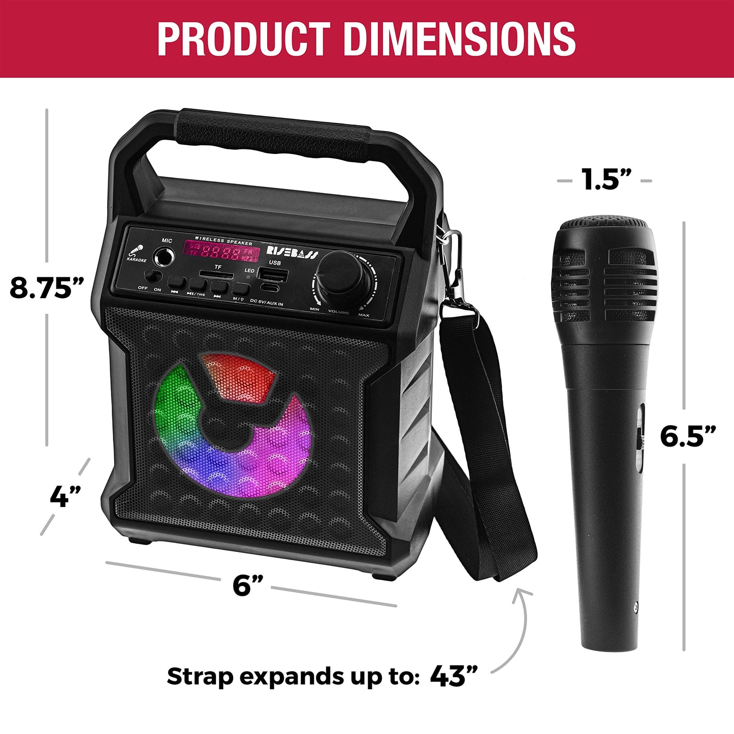 Risebass Portable Bluetooth Speaker with Microphone Set - Karaoke Machine for Kids and Adults with Party Lights - Rechargeable USB Speaker Set with FM Radio SD Card AUX, Fun Birthday gift idea for Kid