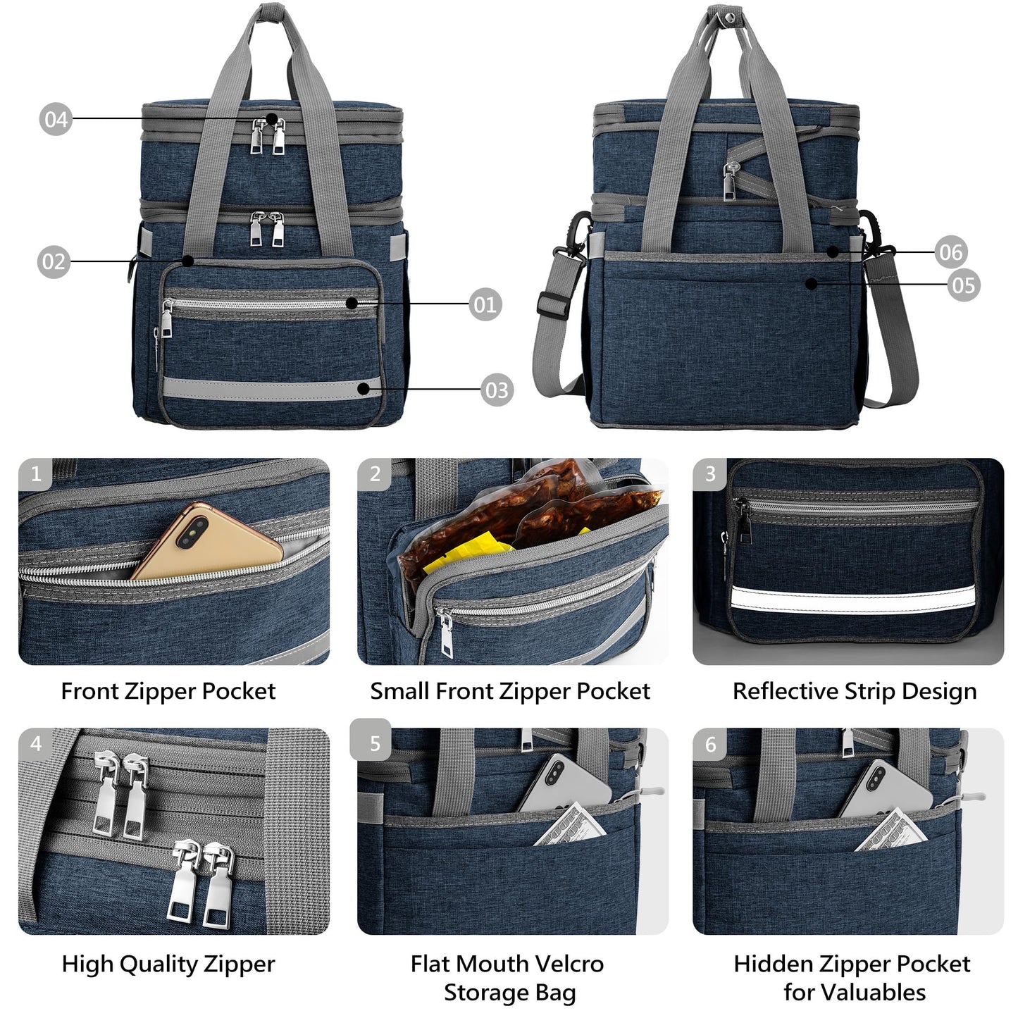 EXLIFBAG Lunch Box for Women, Insulated Double Deck Lunch Bag for Adults, Leakproof Cooler Lunchbox for Men with Adjustable Shoulder Strap, Deep Blue