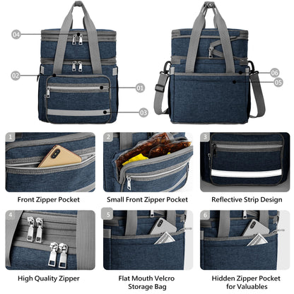 EXLIFBAG Lunch Box for Women, Insulated Double Deck Lunch Bag for Adults, Leakproof Cooler Lunchbox for Men with Adjustable Shoulder Strap, Deep Blue