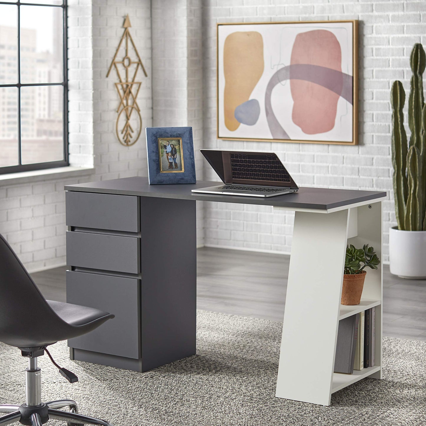 Target Marketing Systems Como Computer Desk with Storage, 3-Drawer Laptop Table with 2 Shelves for Home Office, Study Room and Gaming, 49.6 Inches Wide, Gray/White